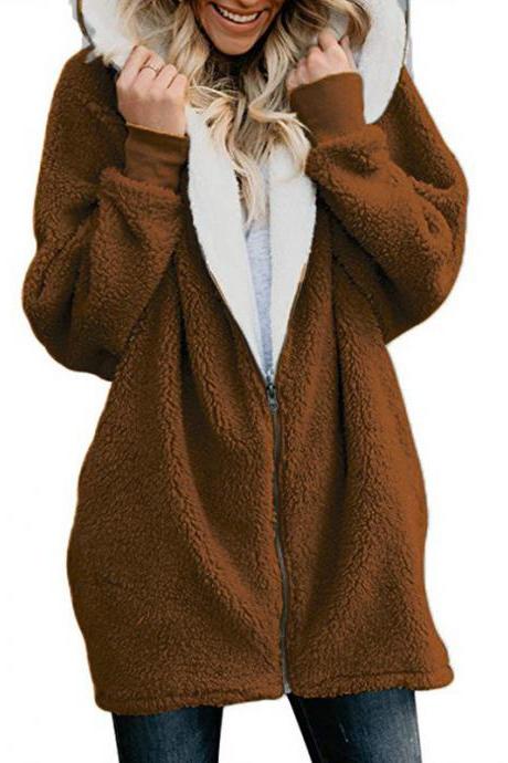 Women Plush Coat Autumn Winter Zipper Open Stitch Hooded Loose Long Sleeve Fleece Jacket Outerwear Overcoat camel