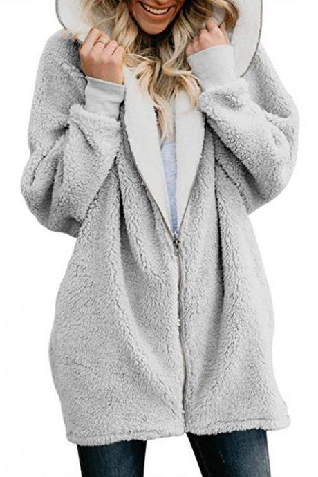 Women Plush Coat Autumn Winter Zipper Open Stitch Hooded Loose Long Sleeve Fleece Jacket Outerwear Overcoat gray
