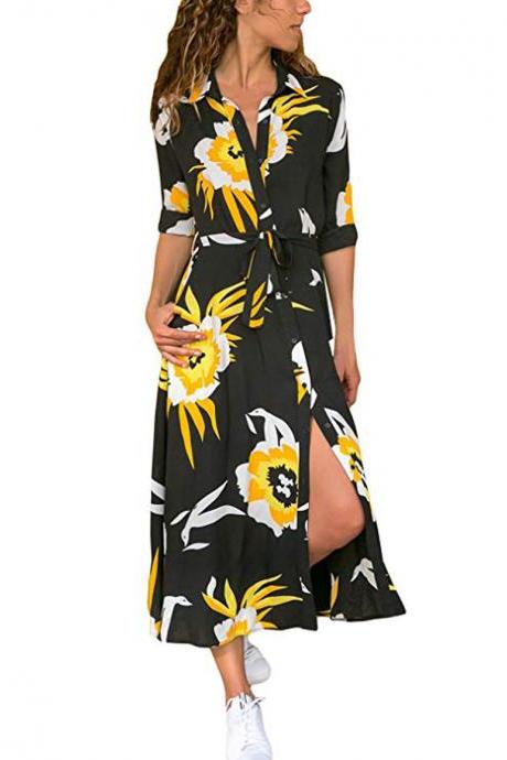 Women Floral Printed Shirt Dress Long Sleeve V Neck Pocket Boho Beach Casual Maxi Dress 1#