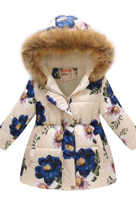 Kids Girls Cotton Down Coat Winter Floral Printed Long Sleeve Hooded Children Warm Thick Fleece Parka Jacket 7#