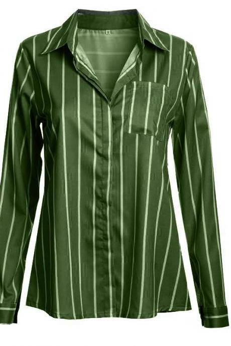 Women Striped Blouse Spring Autumn Turn-down Collar V-neck Long Sleeve Plus Size Casual Loose Tops Shirt Green