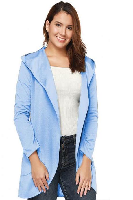 Women Woolen Blend Coat Autumn Solid Long Sleeve Casual Loose Hooded Plus Size Jacket Outwear Sky Blue