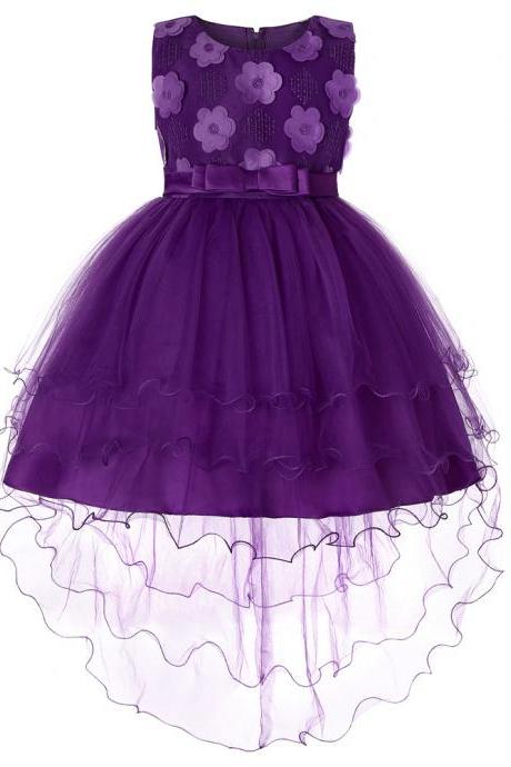 High Low Flower Girl Dress Trailing Bow Princess Wedding Birthday Party Gown Children Clothes purple