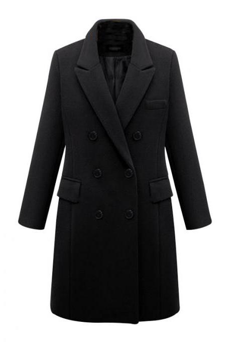 Women Long Woolen Blends Coat Autumn Winter Warm Turn-down Collar Double Breasted Casual Long Sleeve Jacket Outerwear Black