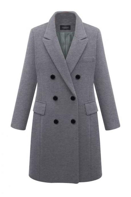 Women Long Woolen Blends Coat Autumn Winter Warm Turn-Down Collar Double Breasted Casual Long Sleeve Jacket Outerwear gray