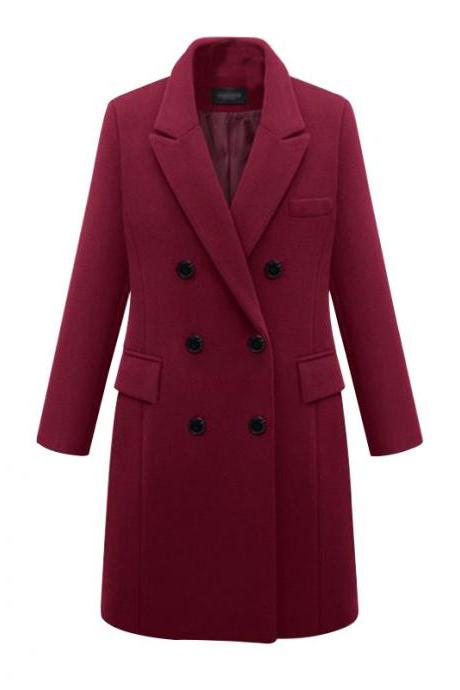 Women Long Woolen Blends Coat Autumn Winter Warm Turn-Down Collar Double Breasted Casual Long Sleeve Jacket Outerwear wine red