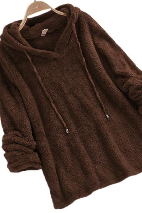 Women Hoodies Autumn Winter Solid Warm Casual Long Sleeve Pullover Top Fleece Sweatshirts brown