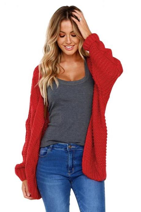Women Thick Knitted Sweater Autumn Winter Batwing Long Sleeve Casual Loose Jumper Cardigan Coat Red