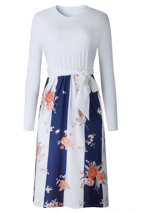 Women Casual Dress Autumn Long Sleeve Pocket Tie Streetwear Loose Striped/Floral Printed Midi Party Dress 100084-blue