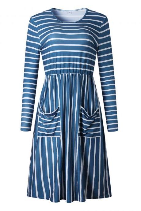 Women Casual Dress Autumn Long Sleeve Pocket Tie Streetwear Loose Striped/Floral Printed Midi Party Dress 100086-blue