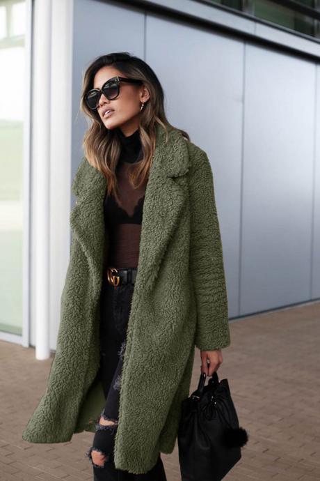 Women Plush Coat Winter Thick Long Sleeve Turn-down Collar Casual Loose Fleece Warm Long Jacket Outerwear Army Green
