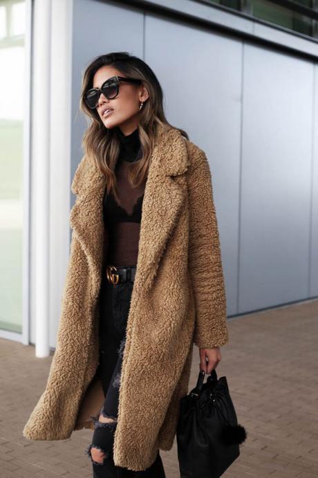 Women Plush Coat Winter Thick Long Sleeve Turn-down Collar Casual Loose Fleece Warm Long Jacket Outerwear Camel