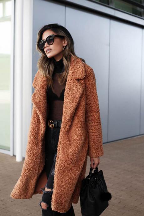 Women Plush Coat Winter Thick Long Sleeve Turn-down Collar Casual Loose Fleece Warm Long Jacket Outerwear caramel