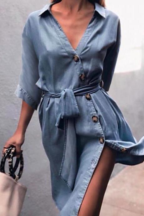  Women Denim Dress Sexy V-Neck Half Sleeve Belted Split Casual Loose Button Short Shirt Dress light blue
