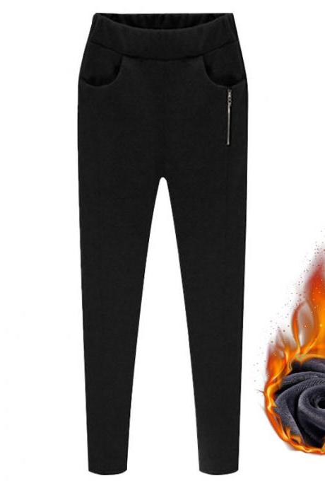 Women Harem Pants Plus Size High Waist Skinny Fleece Casual Warm Zipper Leggings Pencil Trousers Black Fleece