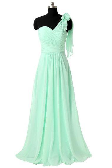 One Shoulder Bridesmaid Dresses, Long Chiffon Bridesmaid Dresses, Mint Green Prom Dress