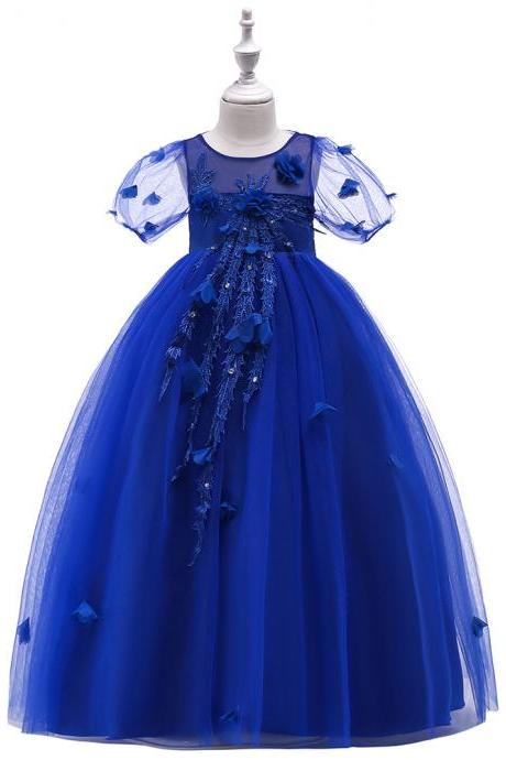 Princess Flower Girl Dress Short Sleeve Teens Formal Birthday Prom Party Long Gowns Children Clothes royal blue