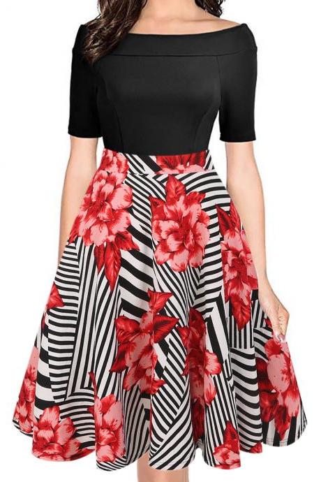 Women Floral Printed Dress Off The Shoulder Short Sleeve Patchwork Slim A Line Formal Party Dress 3#