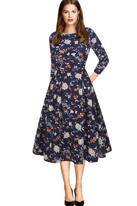 Women Casual Dress Floral/Plaid/Striped Printed 3/4 Sleeve Patchwork Slim A Line Formal Work Party Dress 1#