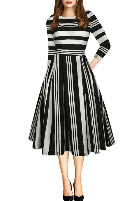 Women Casual Dress Floral/Plaid/Striped Printed 3/4 Sleeve Patchwork Slim A Line Formal Work Party Dress 5#