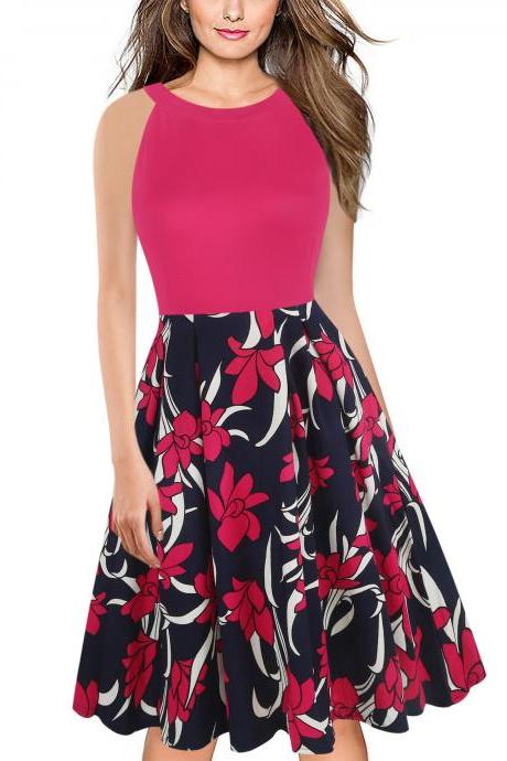  Women Floral Printed Dress Halter Sleeveless Patchwork Casual Rockabilly A Line Work Formal Party Dress 3#