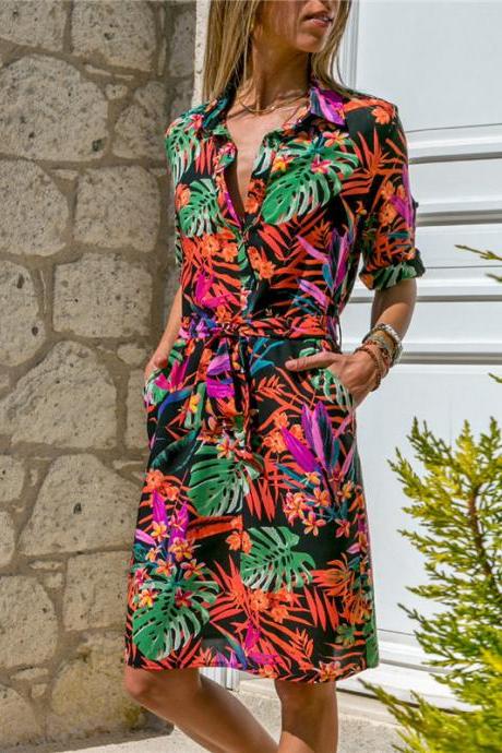 Women Floral Printed Shirt Dress Long Sleeve Turn Down Collar Belted Casual Straight Dress Orange