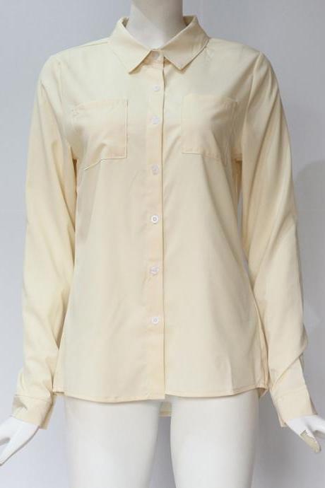 Women Shirt Button Turn-down Collar Long Sleeve Work Office OL Lady Casual Loose Blouse Tops beige