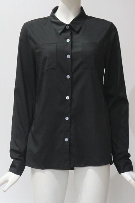 Women Shirt Button Turn-down Collar Long Sleeve Work Office Ol Lady Casual Loose Blouse Tops Black