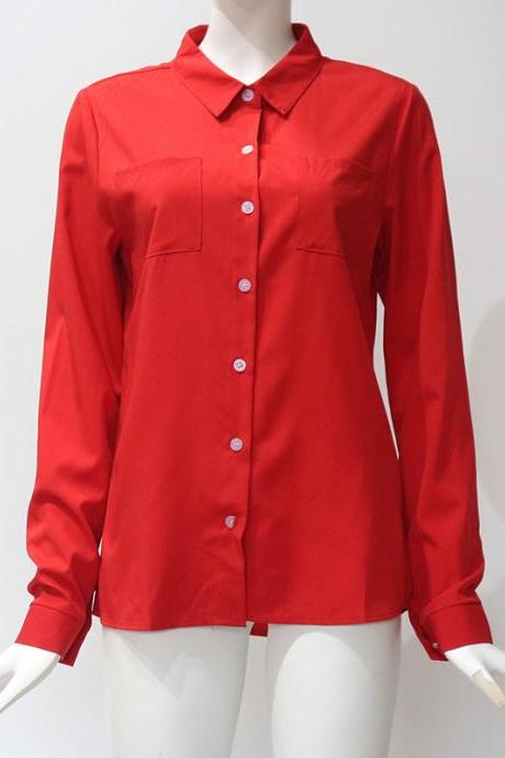  Women Shirt Button Turn-down Collar Long Sleeve Work Office OL Lady Casual Loose Blouse Tops red