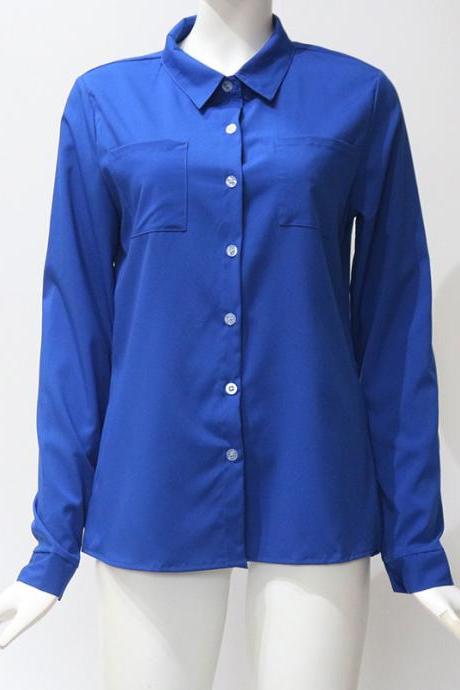  Women Shirt Button Turn-down Collar Long Sleeve Work Office OL Lady Casual Loose Blouse Tops royal blue