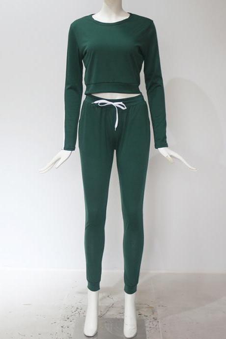 Women Tracksuit Autumn Casual Long Sleeve Crop Top +Long Pants Two Pieces Sets Outfits green
