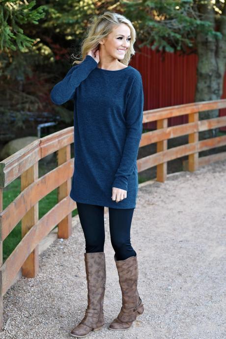  Women Causal Dress Autumn Winter Long Sleeve Loose Knitted Streetwear Mini Dress blue