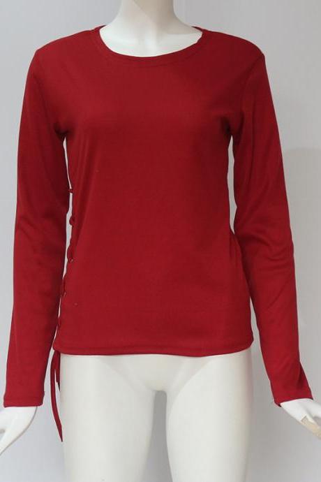 Women Long Sleeve T Shirt Autumn Sexy Side Lace Up Bandage Casual Slim Pullover Tops wine red