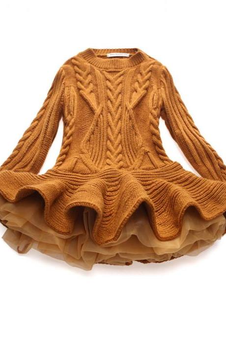 Baby Girl Sweater Dress Long Sleeve Autumn Winter Thick Warm Casual Party Knitted TuTu Dress Children Clothes brown