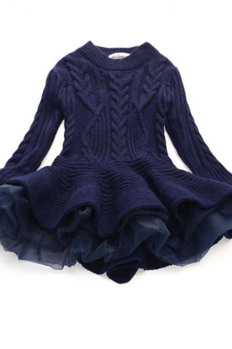 Baby Girl Sweater Dress Long Sleeve Autumn Winter Thick Warm Casual Party Knitted TuTu Dress Children Clothes navy blue