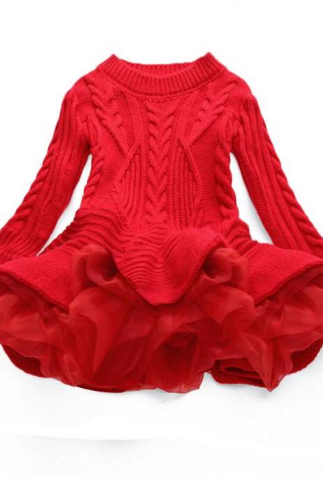 Baby Girl Sweater Dress Long Sleeve Autumn Winter Thick Warm Casual Party Knitted TuTu Dress Children Clothes red
