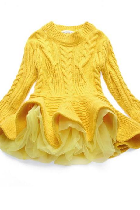 Baby Girl Sweater Dress Long Sleeve Autumn Winter Thick Warm Casual Party Knitted TuTu Dress Children Clothes yellow