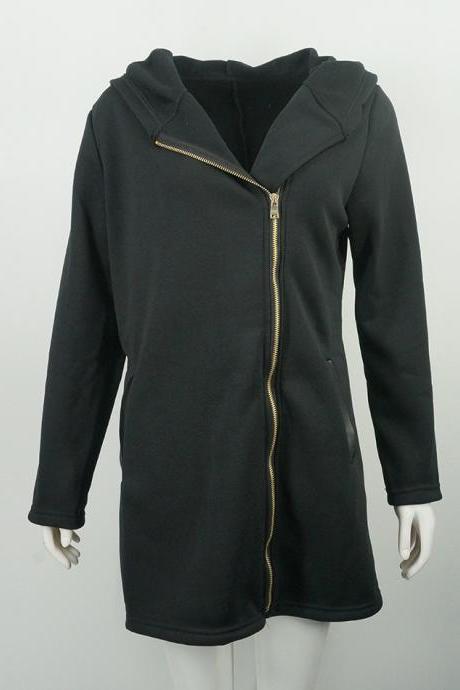 Women Long Coat Autumn Winter Patchwork Zipper Slim Casual Warm Hooded Long Sleeve Jacket Outerwear Black