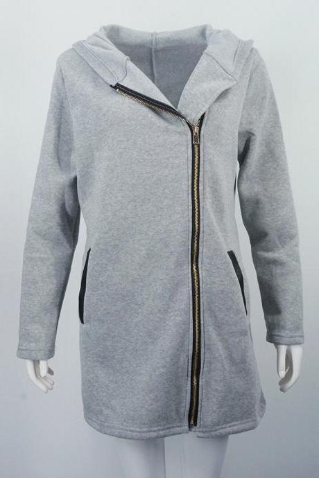 Women Long Coat Autumn Winter Patchwork Zipper Slim Casual Warm Hooded Long Sleeve Jacket Outerwear gray