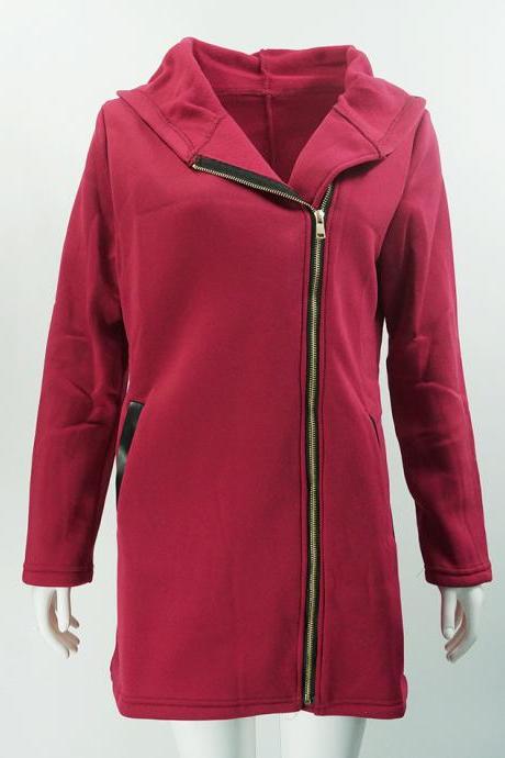  Women Long Coat Autumn Winter Patchwork Zipper Slim Casual Warm Hooded Long Sleeve Jacket Outerwear wine red 