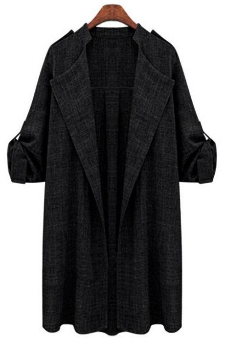 Women Trench Coat Spring Autumn Long Sleeve Plus Size Slim Windbreaker Open Stitch Cardigan Jacket Black