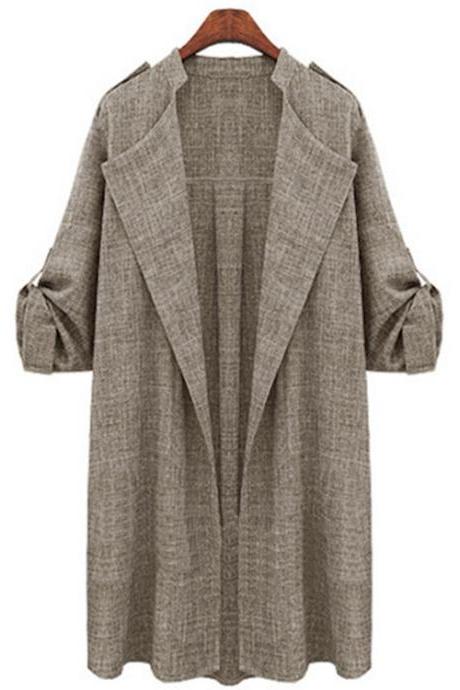 Women Trench Coat Spring Autumn Long Sleeve Plus Size Slim Windbreaker Open Stitch Cardigan Jacket Khaki