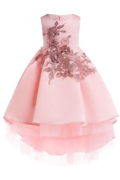  High Low Flower Girl Dress Sleeveless Princess Tuxedos Formal Perform Party Gowns Children Clothes pink