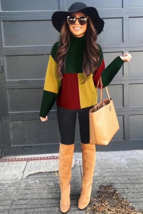 Women Knitted Sweater Autumn Winter Turtleneck Long Sleeve Patchwork Casual Slim Pullover Tops Green