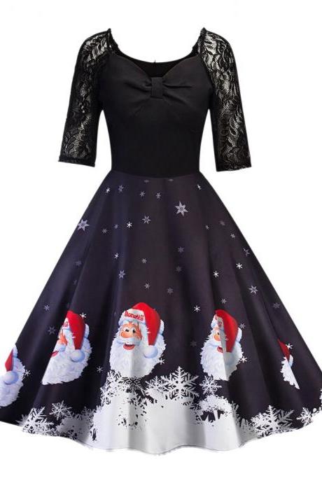  Women Printed Dress Vintage Half Sleeve Christmas Lace Patchwork Casual Evening Party Swing Dress black