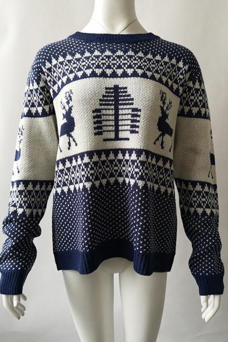  Women Knitted Sweater Christmas Deer Printed Autumn Winter Long Sleeve Casual Loose Pullover Tops navy blue