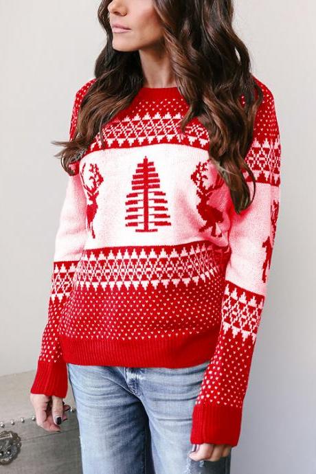 Women Knitted Sweater Christmas Deer Printed Autumn Winter Long Sleeve Casual Loose Pullover Tops red