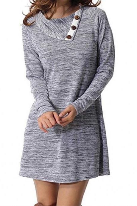 Women Mini Dress Autumn Winter Asymmetrical Neck Long Sleeve Causal Loose Button T Shirt Dress Gray