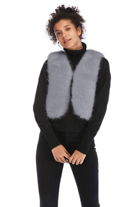 Women Faux Fur Waistcoat V Neck Winter Casual Short Vest Warm Slim Sleeveless Coat Outwear gray