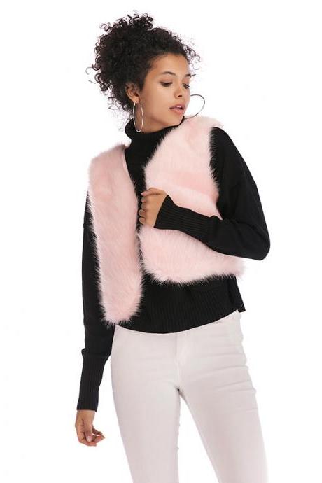 Women Faux Fur Waistcoat V Neck Winter Casual Short Vest Warm Slim Sleeveless Coat Outwear pink